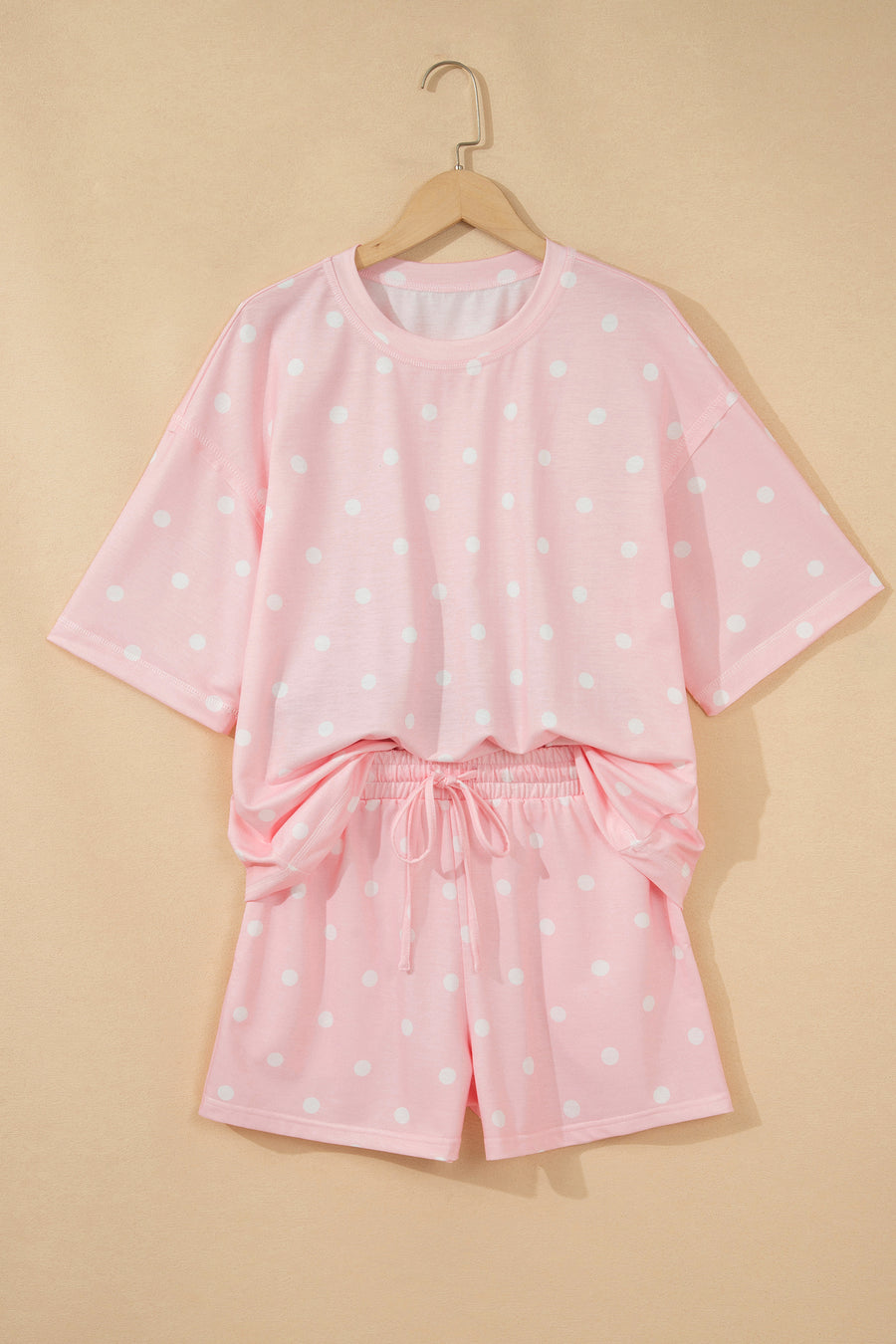 Polka Dot Exposed Seam Loose Tee Drawstring Shorts Two-Piece Set — styled third option | Fashionfitz UK