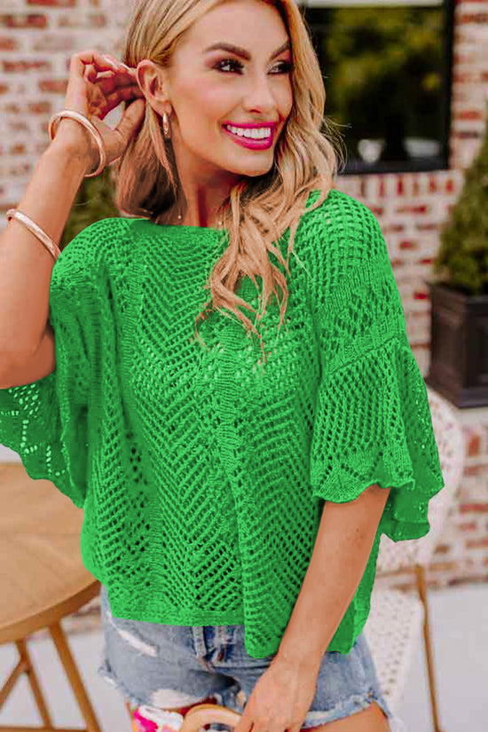 Green Pointelle Knit Scallop Trim Blouse Women UK