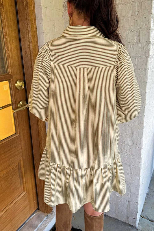 Back view of Brown Stripe Mini Dress showcasing relaxed fit and tiered hem. Perfect for autumn layering and casual occasions.