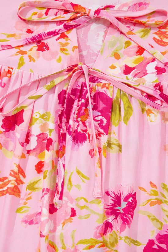Pink Floral Print Blouse Tie V-Neck Puffy Half Sleeve Relaxed Fit