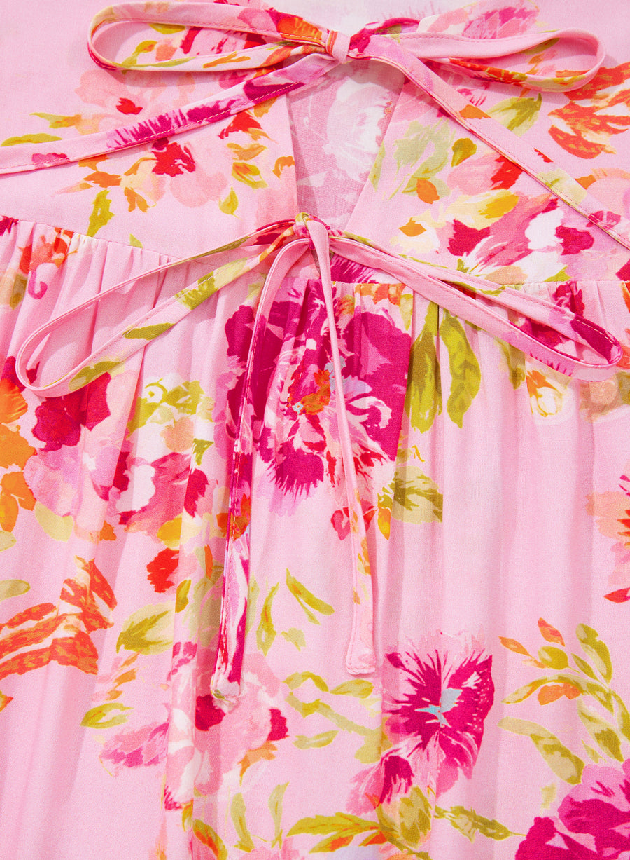 Pink Floral Tie V-Neck Puff Sleeve Blouse Women UK — lifestyle shot | Fashionfitz UK