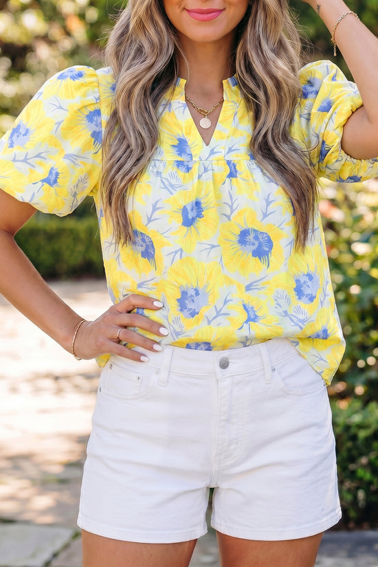 Floral Jacquard Bubble Sleeve Notched V Neck Babydoll Blouse