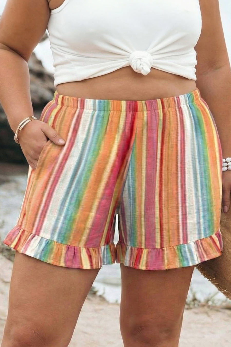 Plus Size Stripe Ruffle Hem Shorts Women UK