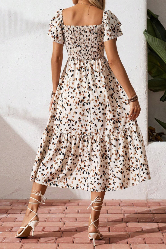 Floral Smocked Square Neck Midi Dress Women UK