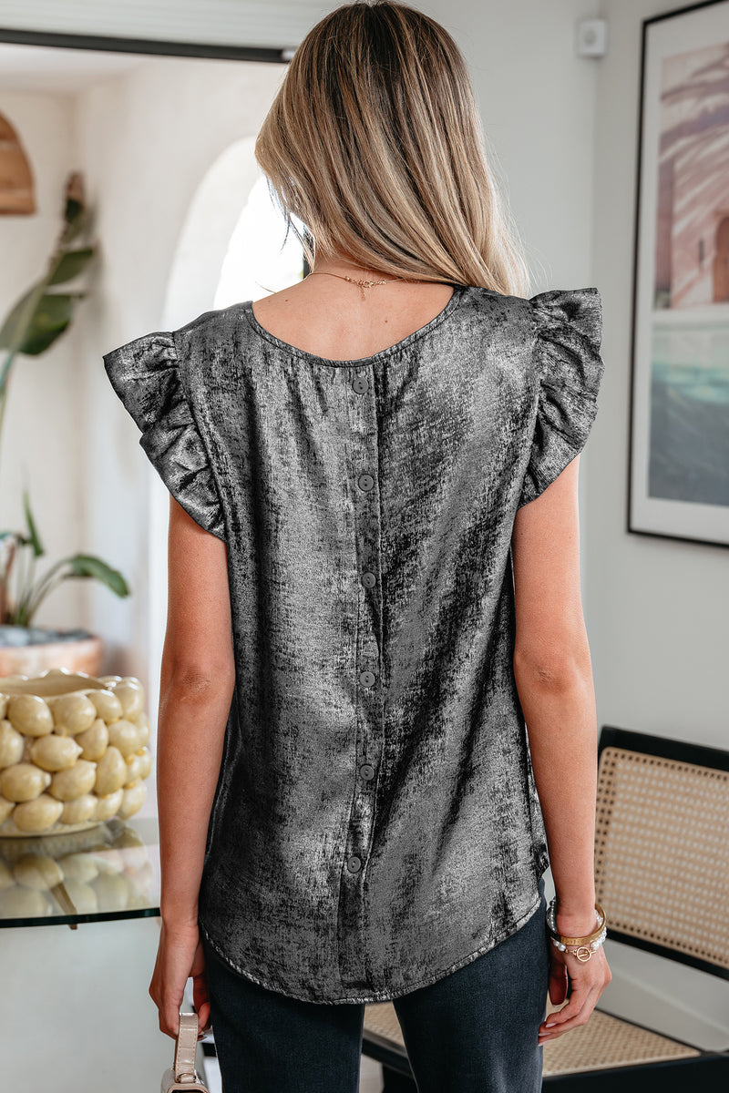 Silvery Metallic Round Neck Ruffle Trim Sleeveless Top Women UK