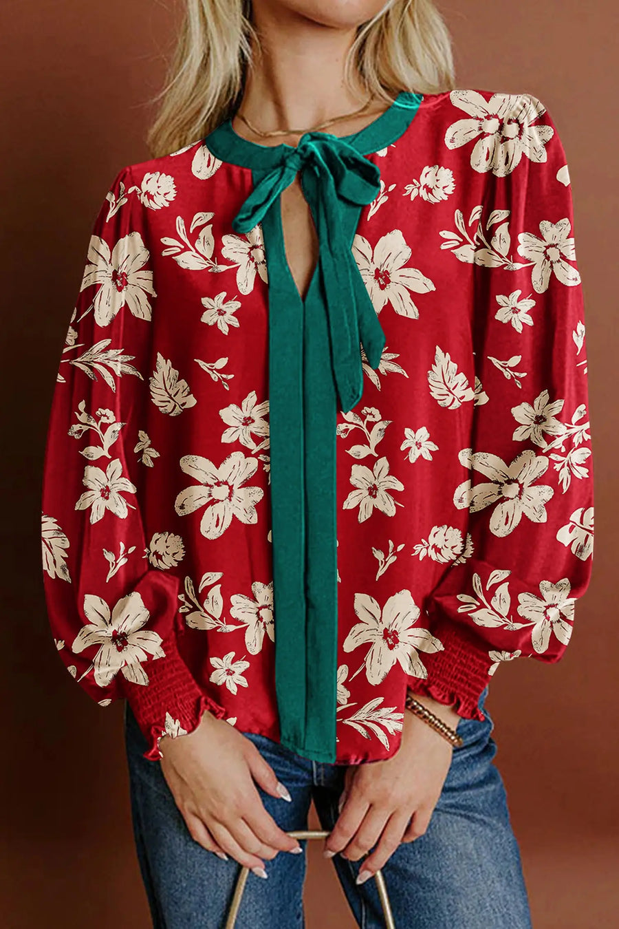 Contrast Tied Neck Shirred Puff Sleeve Flower Blouse Women UK in red — front view showing red floral, puff sleeves and contrast tie neck — Fashionfitz