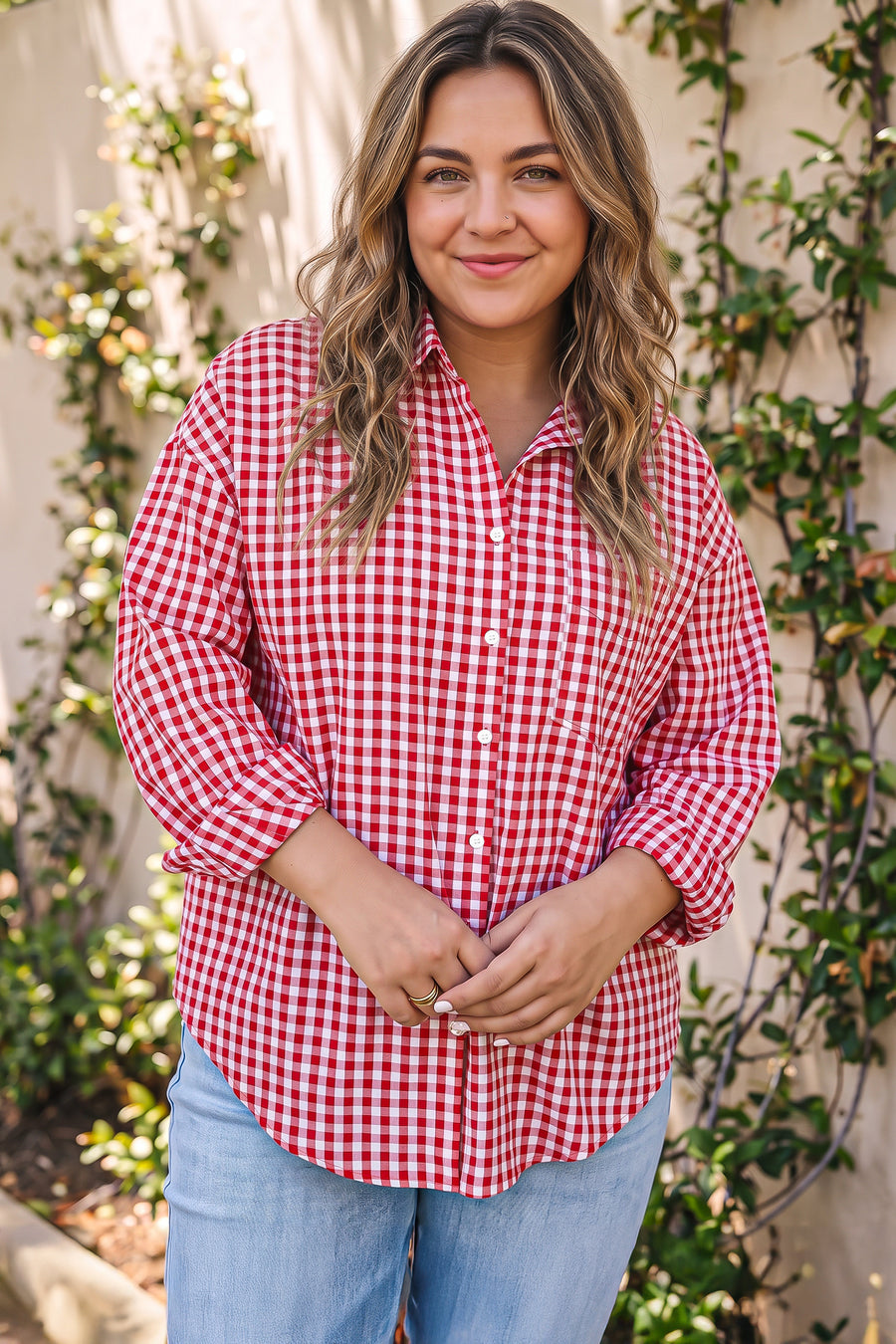 Plaid V Neck Long Sleeve Tunic Loose Fit Plus Size Shirt Women UK