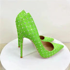 Elegant Diamond Stilettos for Women in neon green with crystal embellishments and pointed toe. High heel pumps from FashionFitz.
