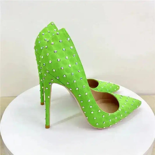 Elegant Diamond Stilettos for Women in neon green with crystal embellishments and pointed toe. High heel pumps from FashionFitz.