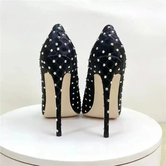 Back view of black Diamond High Heels Stilettos with crystal detailing and slim stiletto heel. Chic pumps for women by FashionFitz.