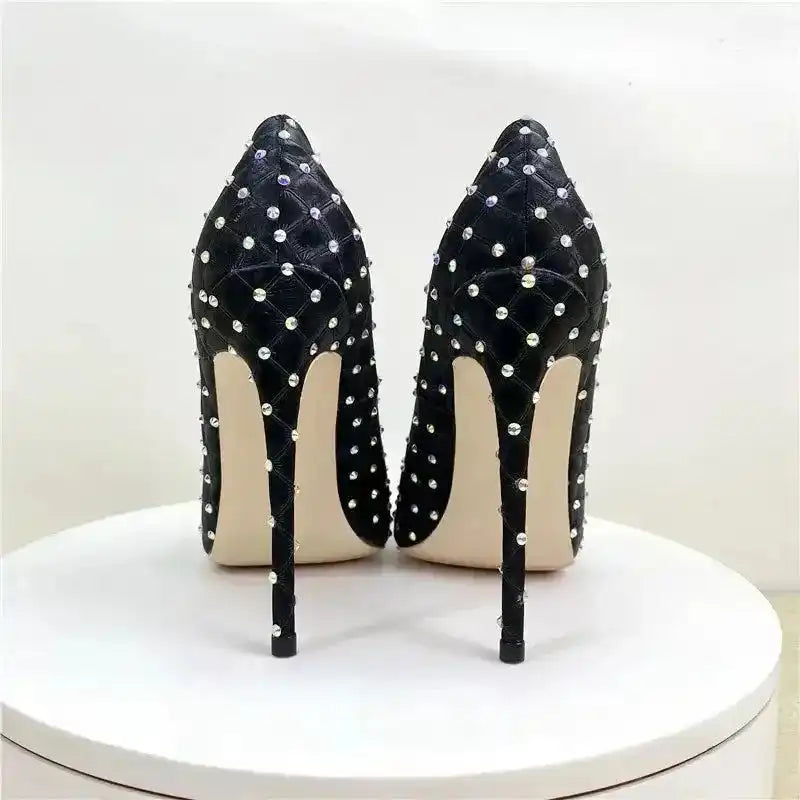 Back view of black Diamond High Heels Stilettos with crystal detailing and slim stiletto heel. Chic pumps for women by FashionFitz.