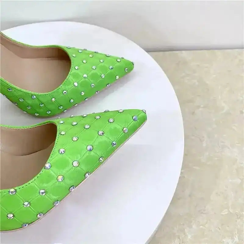 Close-up of neon green Diamond Stilettos with quilted PU leather and embedded crystals. Stylish high heel pumps from FashionFitz.