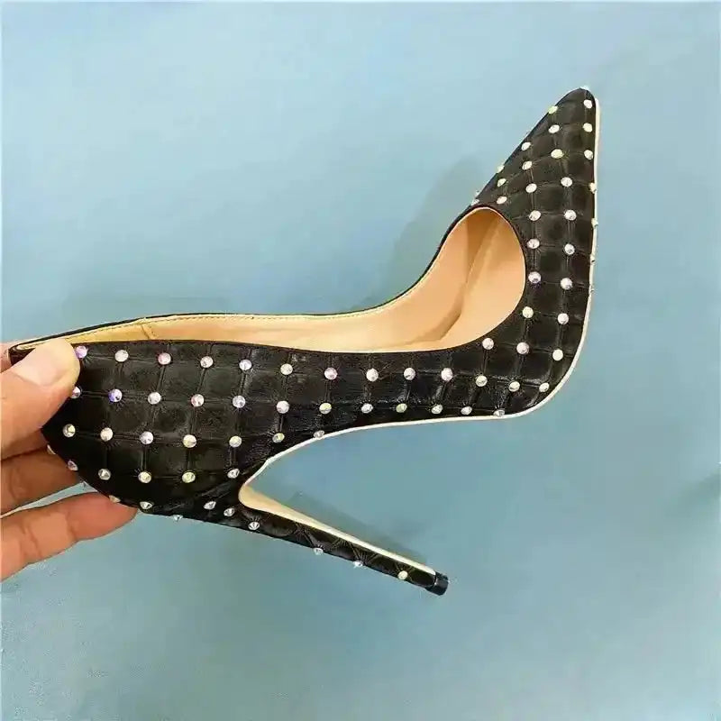 Black Diamond High Heels Stilettos with shimmering crystal accents and sleek pointed toe. Elegant women's pumps from FashionFitz.