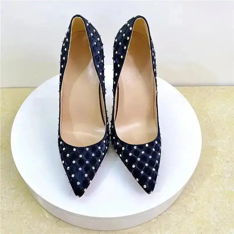 Front view of black Diamond High Heels Stilettos with pointed toe and pearl-like studs. Elegant women's pumps at FashionFitz.
