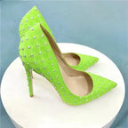 FashionFitz neon green Diamond Stilettos for Women featuring high heels and studded PU leather. Perfect for upscale fashion looks.