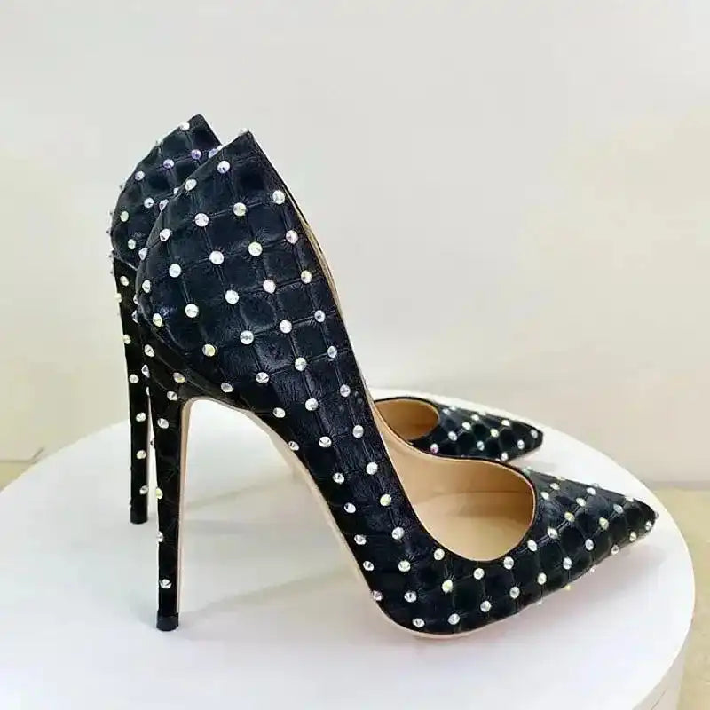 Side view of black Diamond Stilettos for Women with high heels and crystal embellishments. Fashion-forward pumps from FashionFitz.