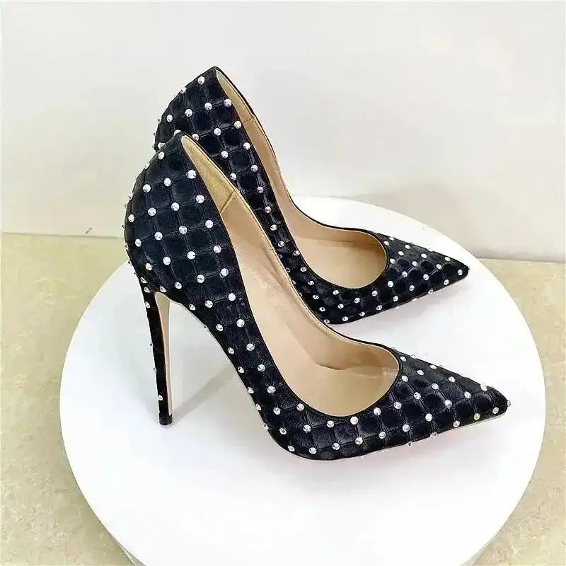 Pair of black Diamond High Heels Stilettos with PU leather and sparkling studs. Luxury women's pumps available at FashionFitz.