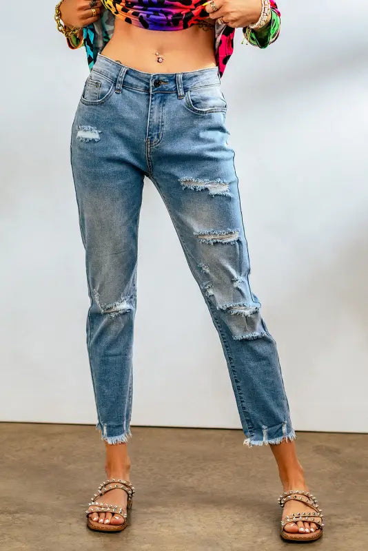 Black distressed boyfriend denim pants - sky blue / s / jeans