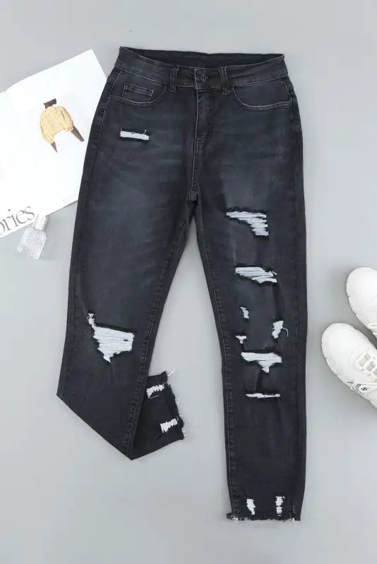 Black distressed boyfriend denim pants - jeans