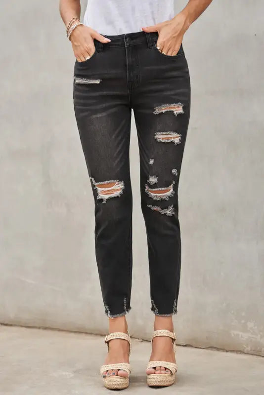 Black distressed boyfriend denim pants - s / jeans