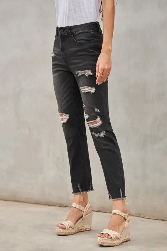 Black distressed boyfriend denim pants - jeans