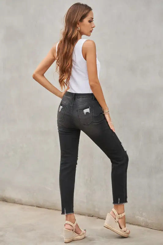 Black distressed boyfriend denim pants - jeans