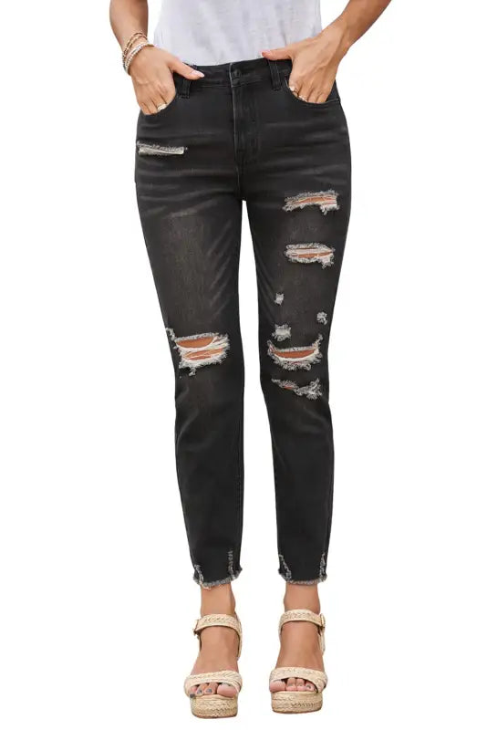 Black distressed boyfriend denim pants - jeans