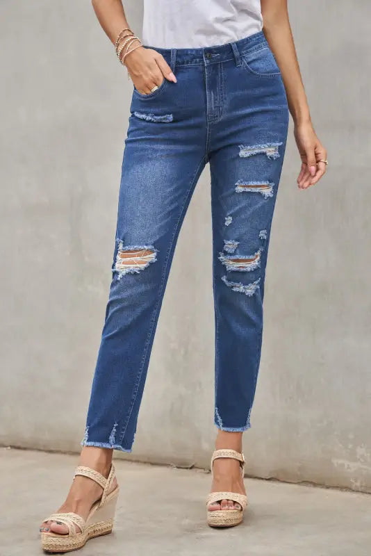 Black distressed boyfriend denim pants - blue / s / jeans