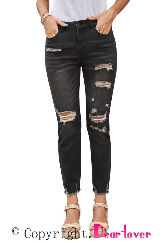 Black distressed boyfriend denim pants - jeans