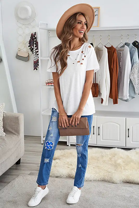 Distressed cotton mix t-shirt - t-shirts