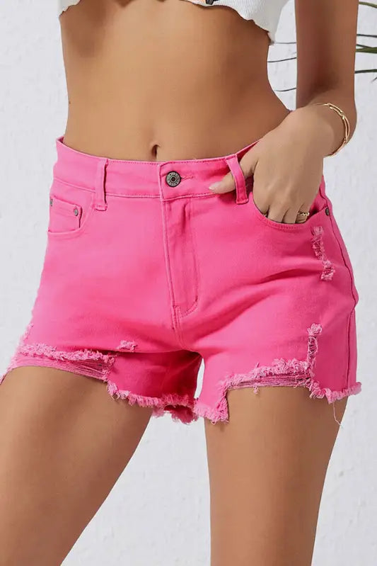 Bright pink distressed denim shorts with frayed edges - slim fit rose, relaxed style