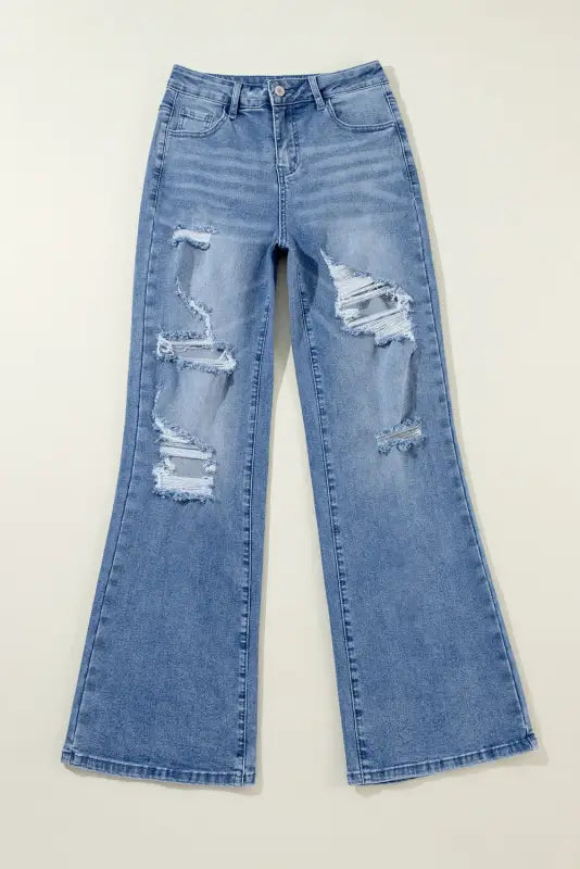 Wide-leg distressed elegance jeans: light blue, ripped, relaxed fit