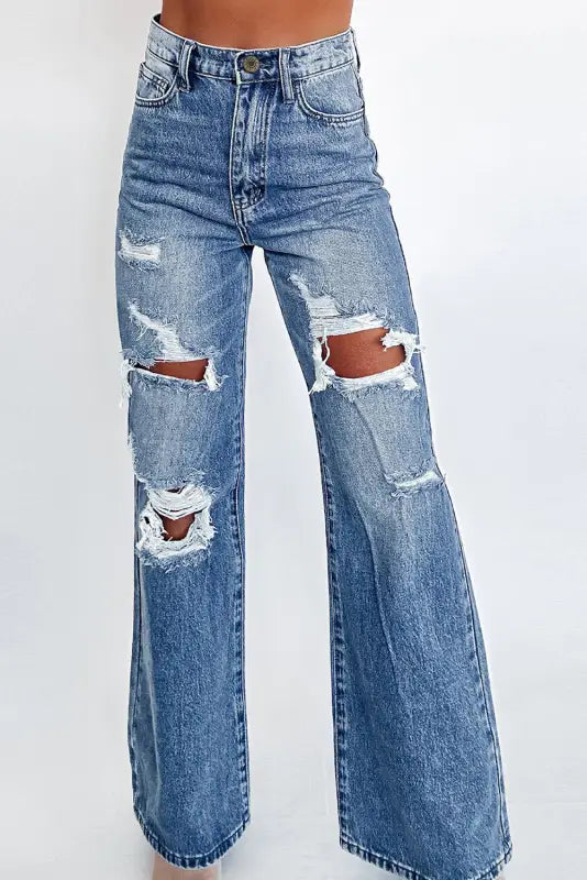 Distressed elegance wide-leg jeans, relax relax style, blue with rips and tears