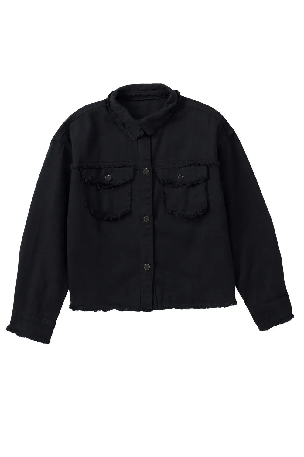 Distressed flap pockets frayed hemline denim jacket - jackets