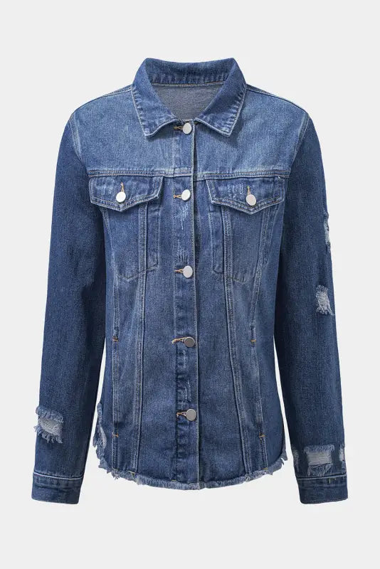 Blue lapel distressed raw hem buttons denim jacket - jackets