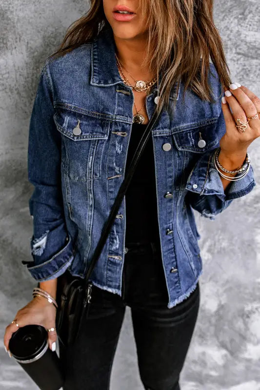 Blue lapel distressed raw hem buttons denim jacket - jackets