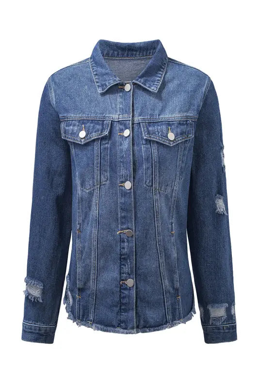 Blue lapel distressed raw hem buttons denim jacket - jackets