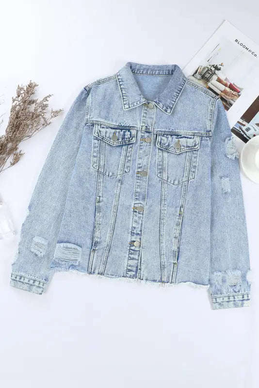 Blue lapel distressed raw hem buttons denim jacket - jackets