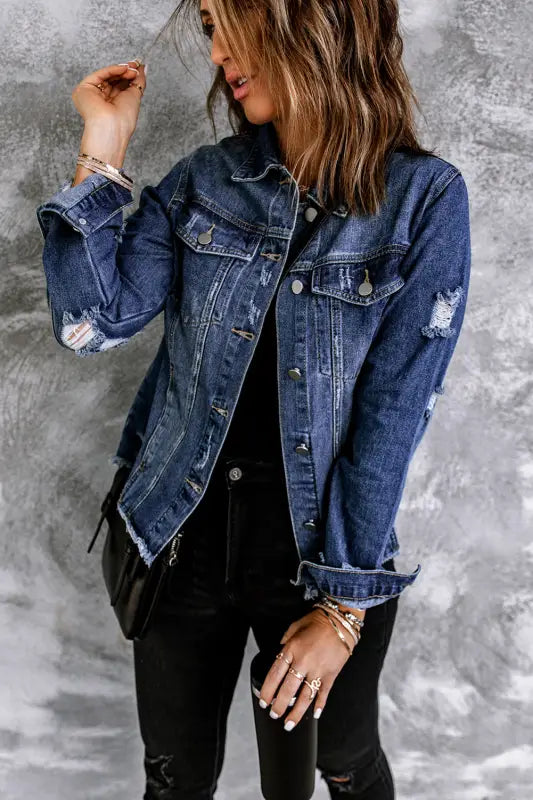 Blue lapel distressed raw hem buttons denim jacket - jackets