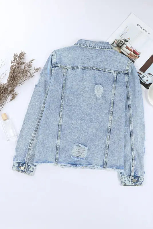 Blue lapel distressed raw hem buttons denim jacket - jackets