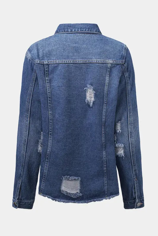 Blue lapel distressed raw hem buttons denim jacket - jackets