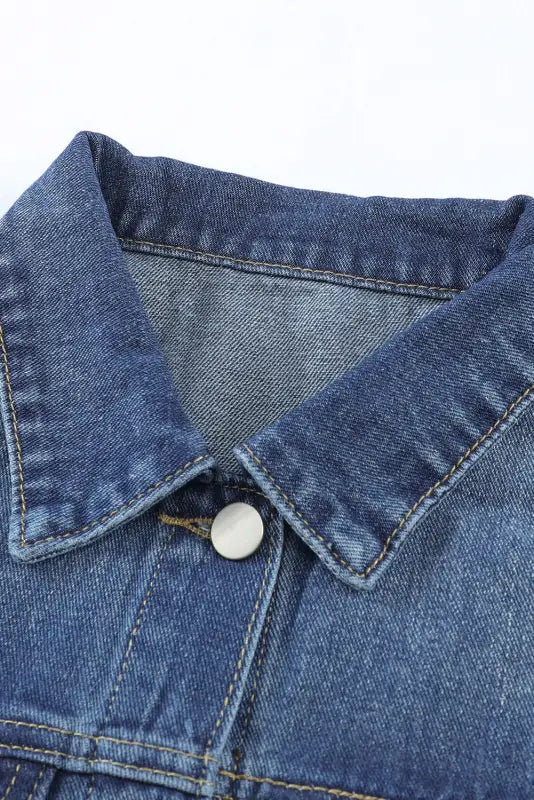 Blue lapel distressed raw hem buttons denim jacket - jackets