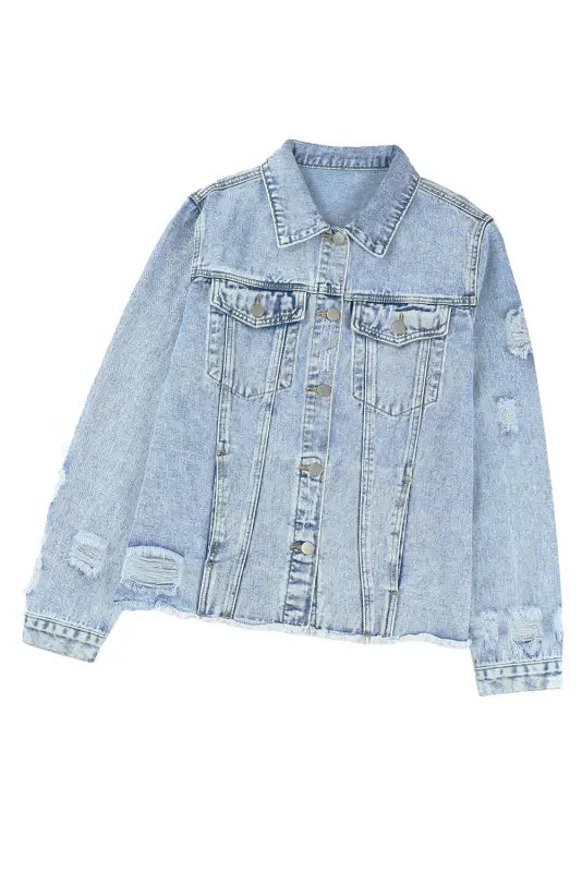 Blue lapel distressed raw hem buttons denim jacket - jackets