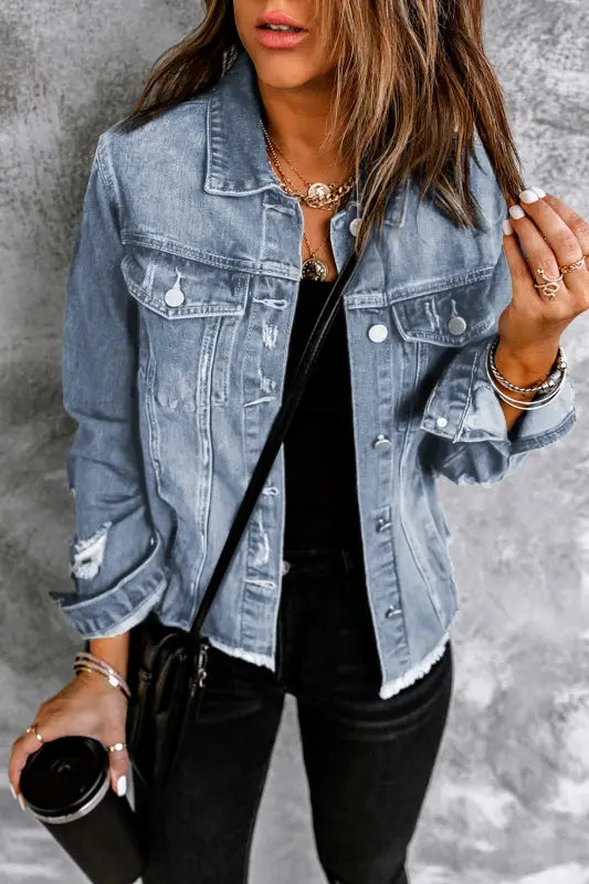 Blue lapel distressed raw hem buttons denim jacket - sky / s / 78% cotton + 22% polyester - jackets