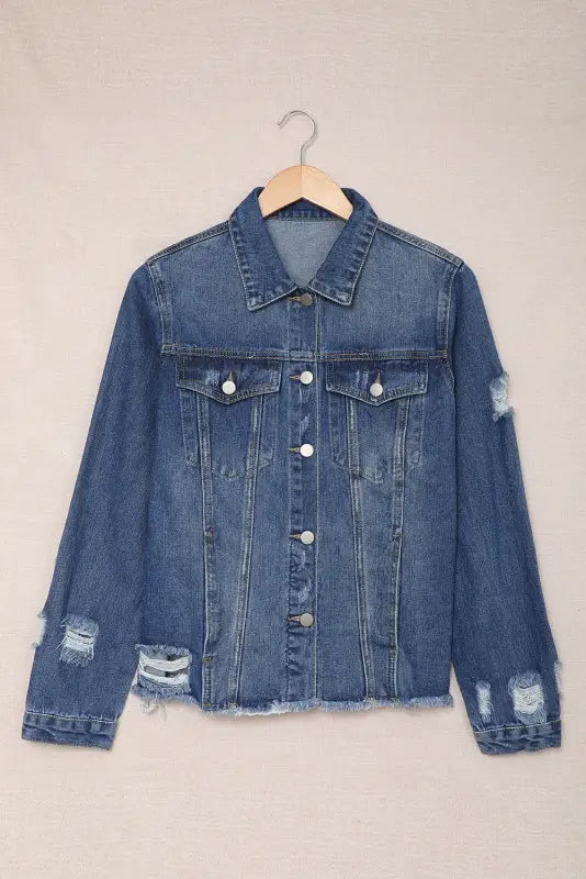 Blue lapel distressed raw hem buttons denim jacket - jackets