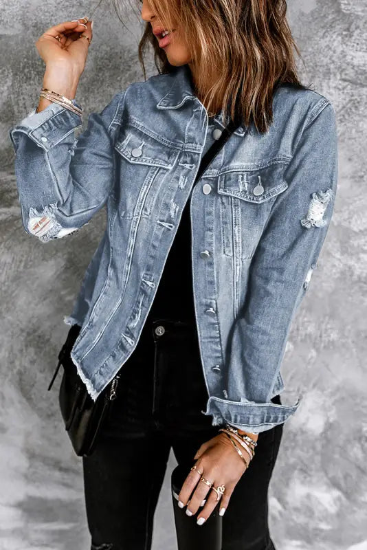 Blue lapel distressed raw hem buttons denim jacket - jackets