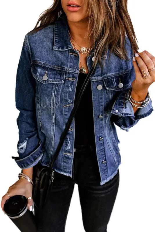 Blue lapel distressed raw hem buttons denim jacket - jackets