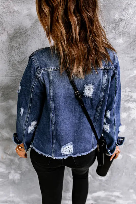 Blue lapel distressed raw hem buttons denim jacket - jackets