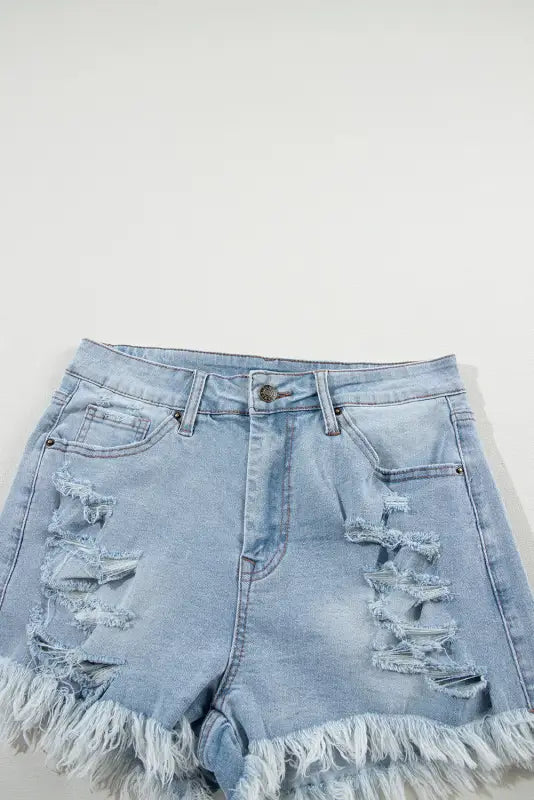 Distressed ripped raw hem high waist denim shorts - bottoms/denim