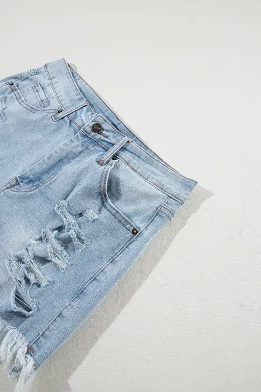 Distressed ripped raw hem high waist denim shorts - bottoms/denim